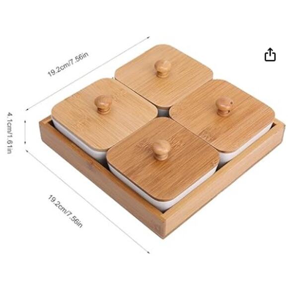Unopened/Sealed Ceramic Divided Serving Dishes with Lids and Bamboo Tray- White - Picture 4 of 6